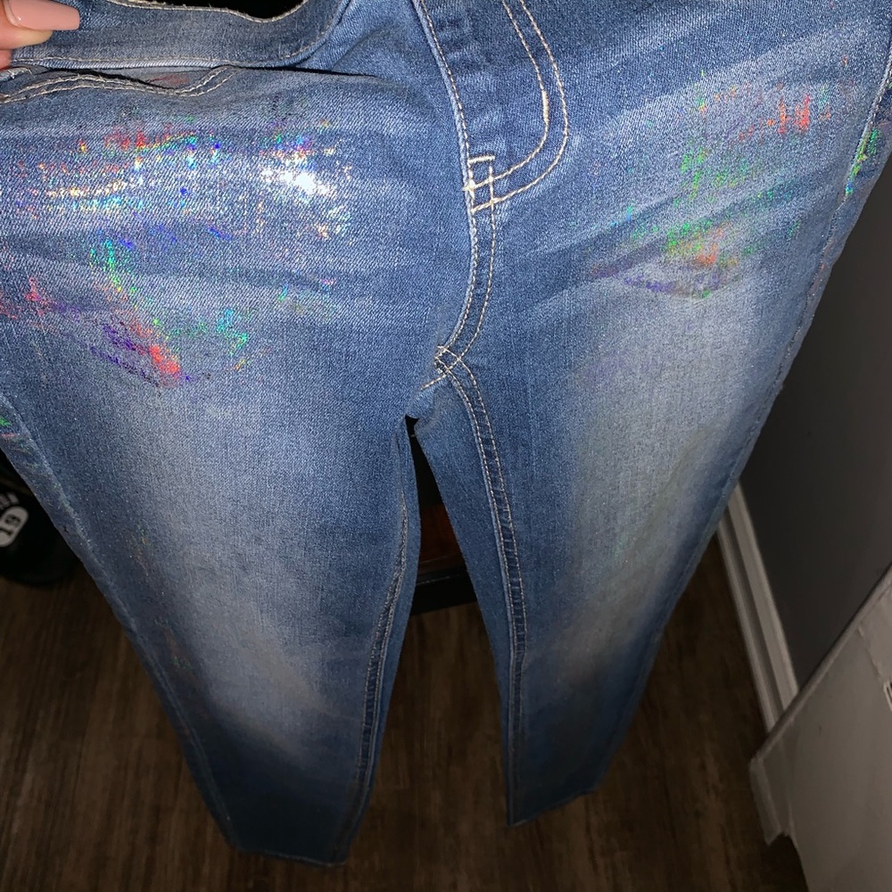 Girls Justice 10 slim holographic jeans.